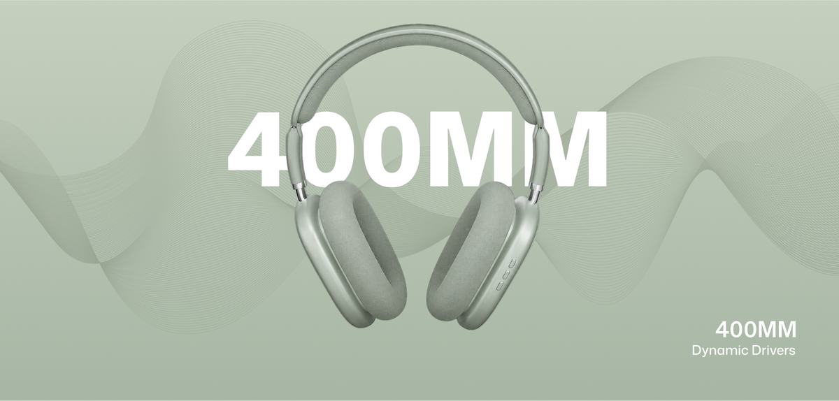Silver over-ear headphones centered on a pale green background with large white text reading '400MM' and smaller text '400MM Dynamic Drivers' in the lower right.