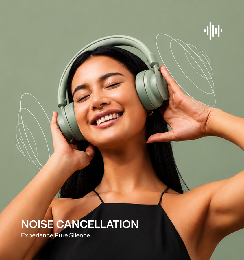 A woman with closed eyes and a smile wears large over-ear headphones against a muted sage green background. White line drawings of sound waves float around her, with the text 'NOISE CANCELLATION' and 'Experience Pure Silence' at the bottom left.