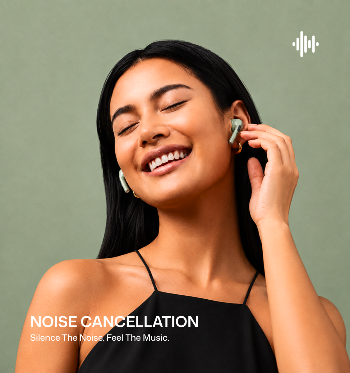 A smiling woman with closed eyes adjusts a light green wireless earbud, wearing matching earbuds. The background is a solid sage green, with white text reading 'NOISE CANCELLATION' and 'Silence The Noise.