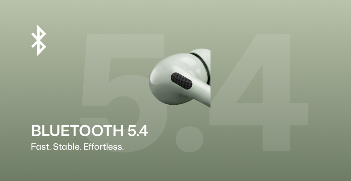 A promotional graphic for Bluetooth 5.4 featuring a white in-ear earbud on a muted sage green background with large faded '5.