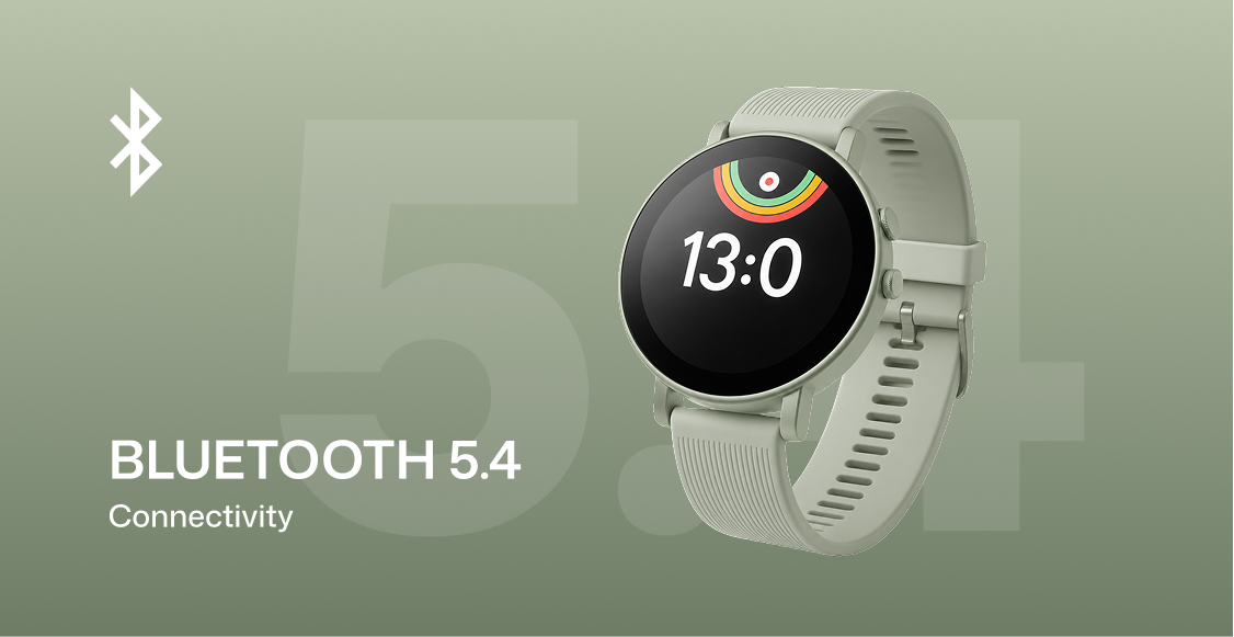A smartwatch with a light gray strap and black round display, shown on a muted green background with text reading 'BLUETOOTH 5.4 Connectivity' and a Bluetooth symbol.