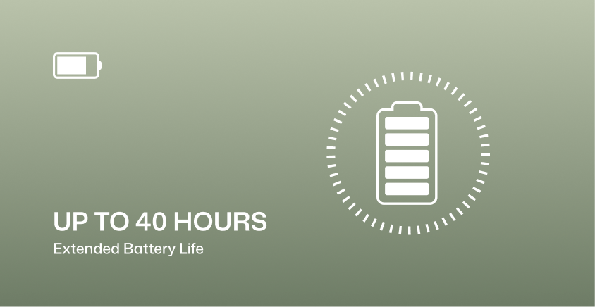 A green promotional graphic with white battery icons and the text 'UP TO 40 HOURS Extended Battery Life' on a muted green background.