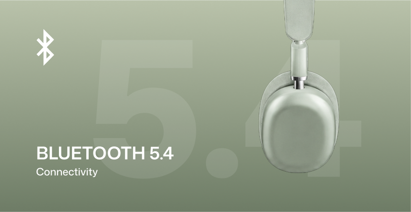 A promotional graphic for Bluetooth 5.4 connectivity featuring a close-up of a light gray over-ear headphone on the right and large text reading 'BLUETOOTH 5.