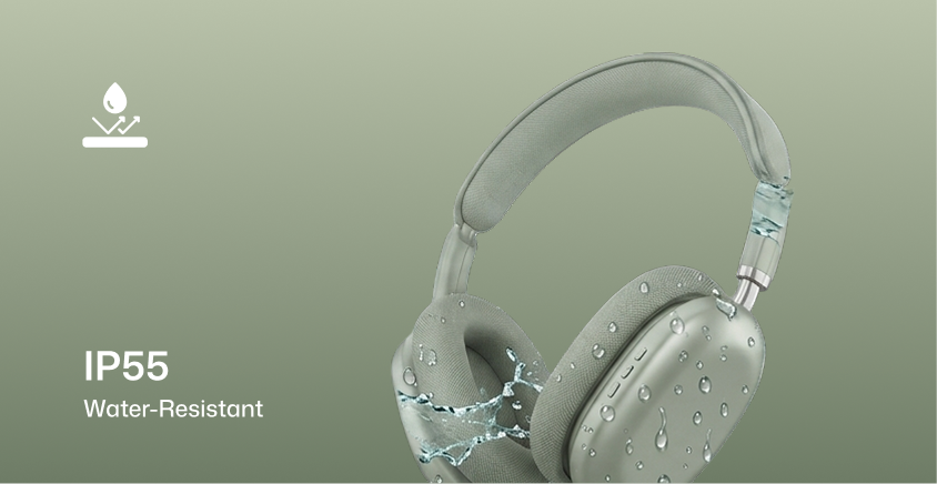 Light gray over-ear headphones with water droplets on them, shown on a muted green background with text reading 'IP55 Water-Resistant' and a water drop icon.