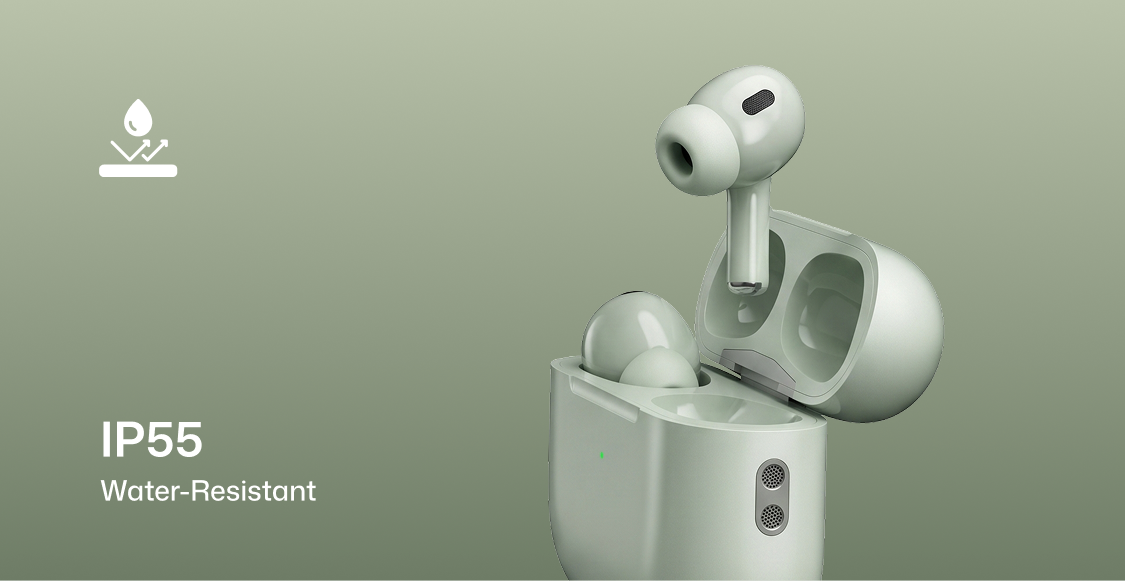 A pair of wireless earbuds and their open charging case on a muted green background, with text reading 'IP55 Water-Resistant' and a small water-drop icon.