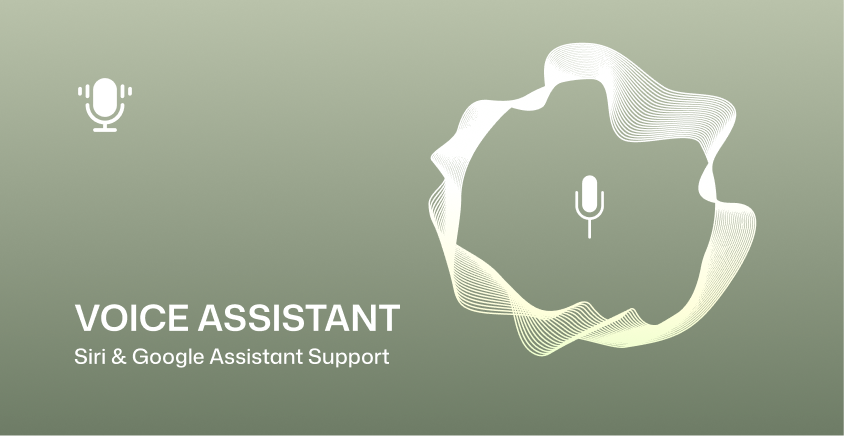 A digital graphic with a muted green background featuring white icons and text that reads 'VOICE ASSISTANT' and 'Siri & Google Assistant Support,' alongside a stylized sound wave and microphone illustration.