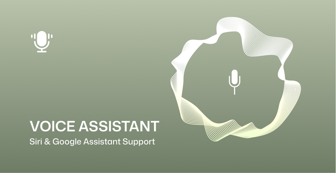 A digital graphic with a muted green background featuring white icons and text that reads 'VOICE ASSISTANT' and 'Siri & Google Assistant Support,' alongside a stylized sound wave and microphone illustration.