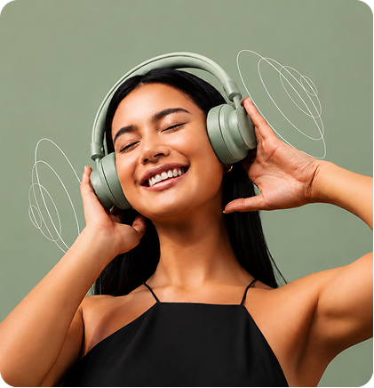 A woman with dark hair wearing light sage green over-ear headphones and a black top, smiling with her eyes closed against a muted sage green background. White abstract sound wave graphics float near her head and headphones.