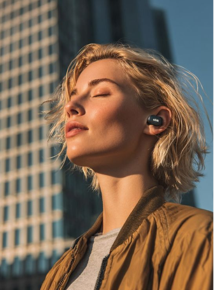 A woman outdoors with her eyes closed, wearing a black wireless earbud. She has short blonde hair and is wearing a brown jacket, with a blurred city building in the background.