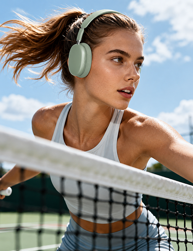 A woman on a tennis court wearing light sage green over-ear headphones, with a net in the foreground and a blue sky background.3