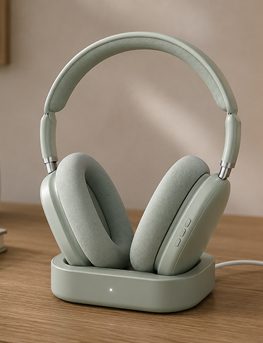 A pair of over-ear wireless headphones in a muted sage green color, resting on their matching charging dock on a wooden table.4