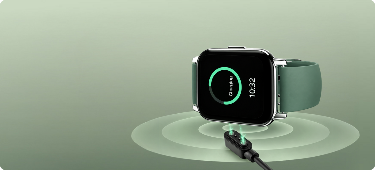 A smartwatch with a dark green band is shown charging on a matching charging cable, with a green charging indicator on the screen and concentric wave graphics indicating wireless charging. The background is a soft, solid sage green.