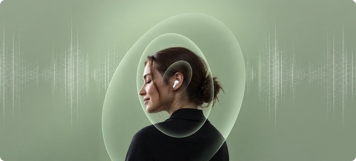 A woman in profile wearing a white wireless earbud, shown against a muted sage green background with abstract oval shapes and soundwave graphics.