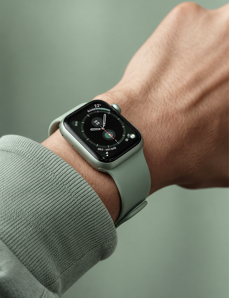 A close-up of a smartwatch with a light sage green band and silver case, worn on a person's wrist against a soft, muted green background.