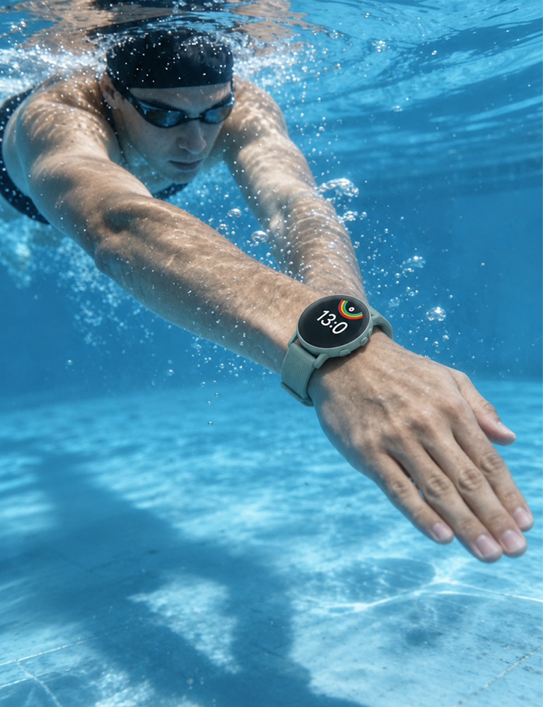 A person swimming underwater in a pool wearing a smartwatch on their wrist. The watch has a light gray-green band and a black round face showing the time 15:30.5