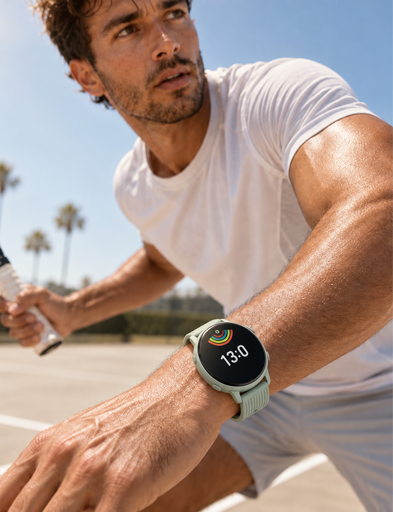 A man outdoors on a sunny day wearing a light mint green smartwatch with a black circular face displaying the time 13:0. He is wearing a white t-shirt and shorts, with palm trees and a blue sky in the background.3