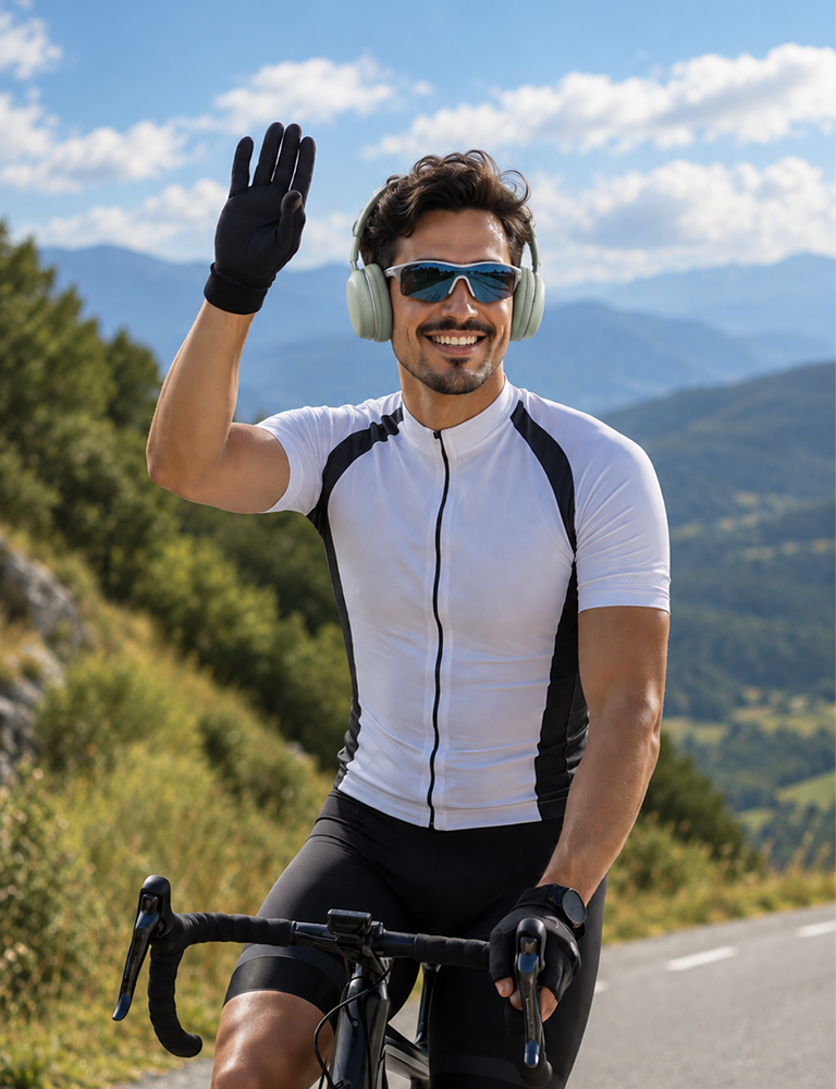A man wearing a white and black cycling jersey, black shorts, black gloves, and white over-ear headphones rides a road bike on a scenic mountain road while waving.2