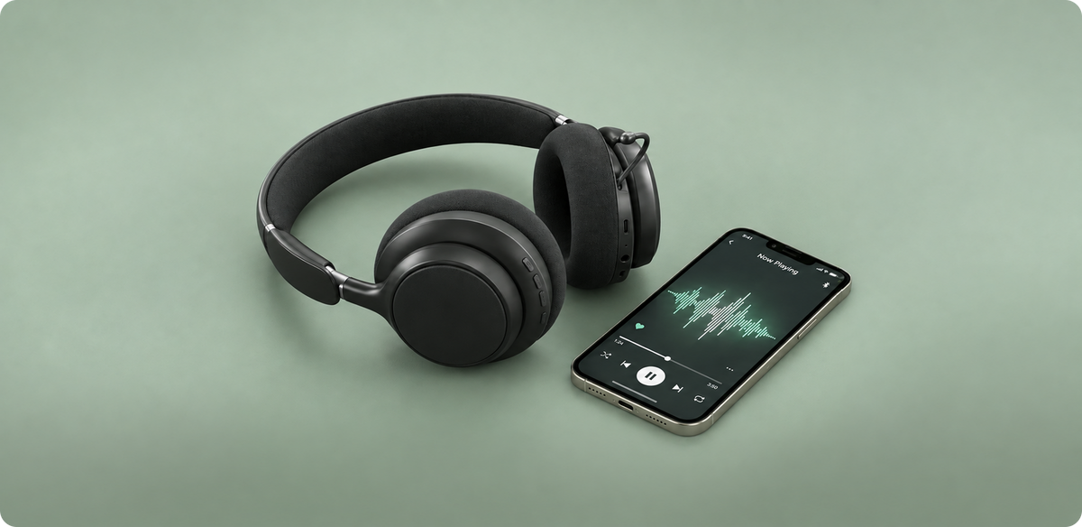 Black over-ear wireless headphones displayed next to a smartphone showing a music player interface, set against a solid sage green background.