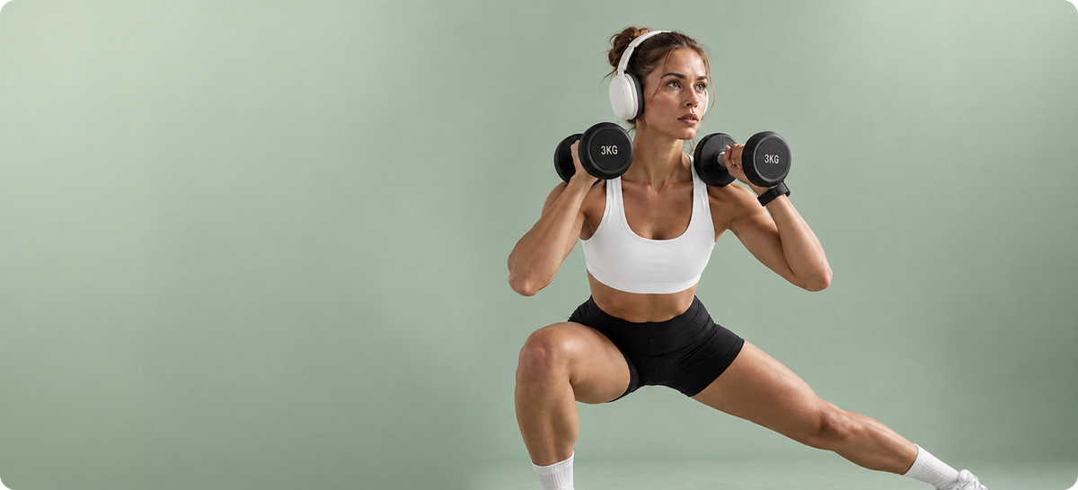 A woman in a white sports bra and black athletic shorts holds dumbbells while wearing white over-ear headphones, posed against a solid sage green studio background.
