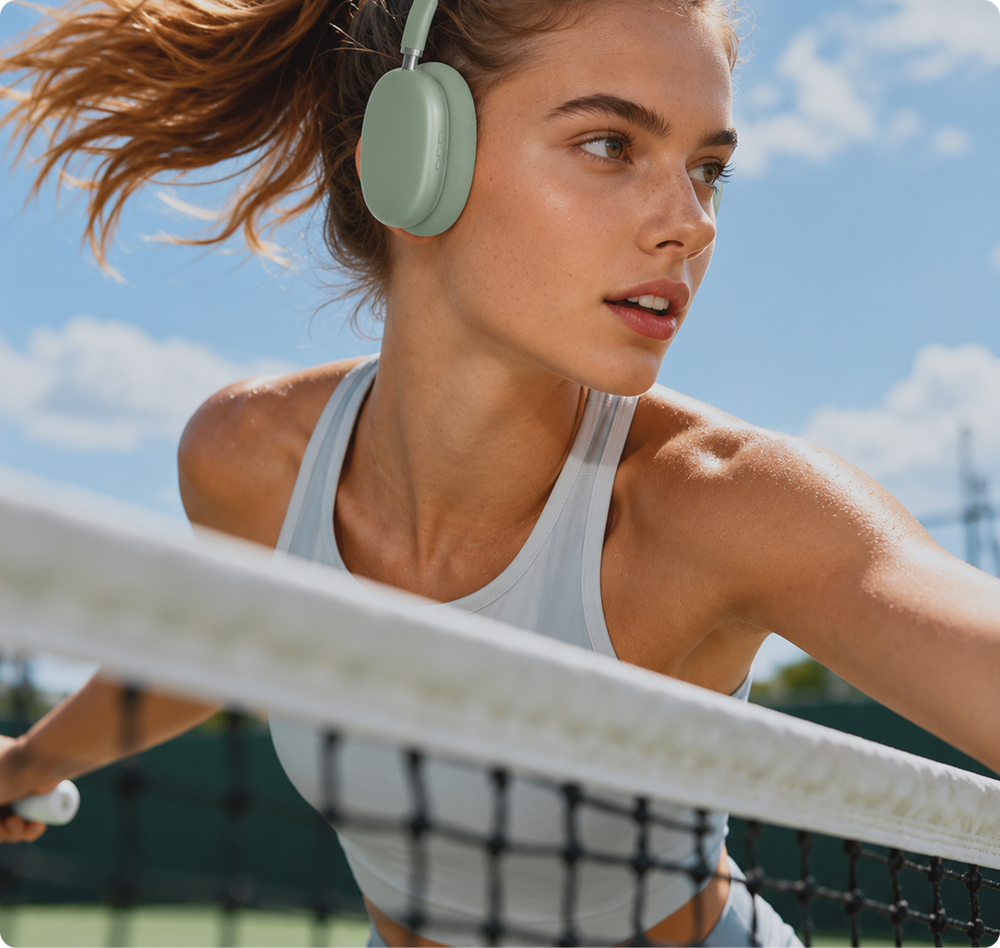 A woman on a tennis court wearing light sage green over-ear headphones and a white sports tank top, with the tennis net in the foreground and blue sky behind her.