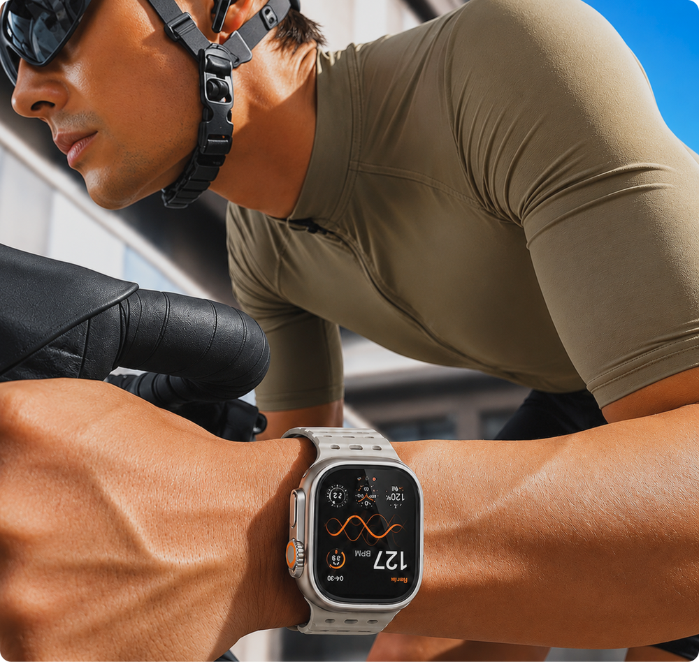 A close-up lifestyle shot of a man in athletic wear wearing a smartwatch on his wrist. The watch has a silver-toned metal case and a light gray perforated strap, showing a fitness watch face with an orange heart rate line and the number 127.