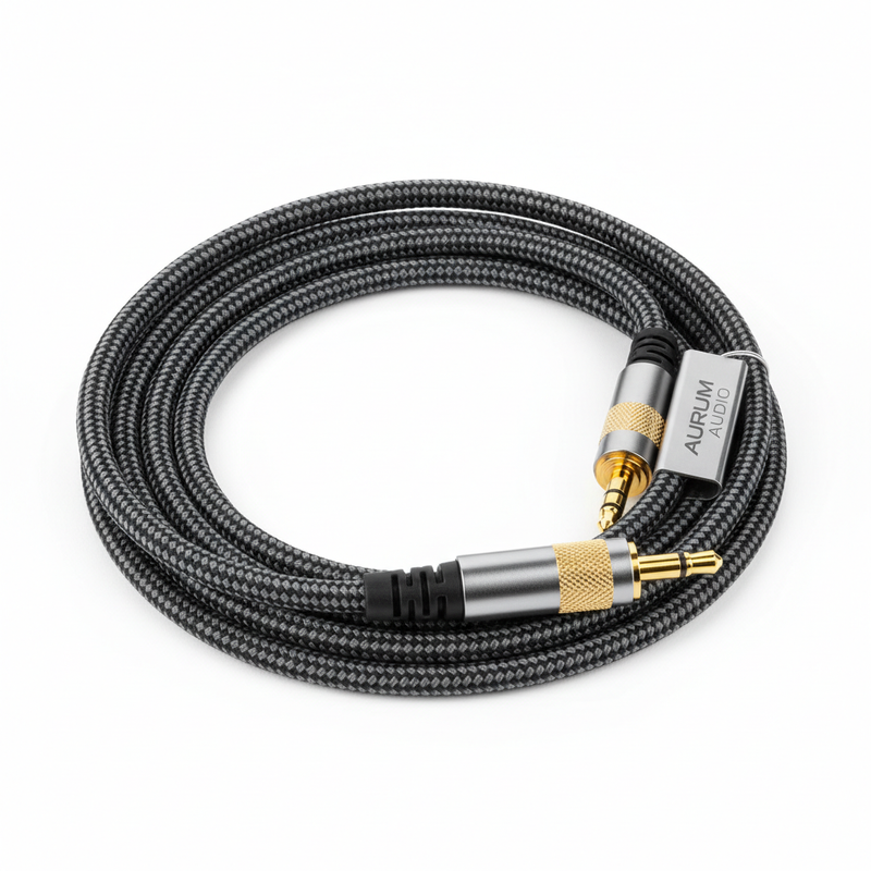 Voltix 3.5mm audio cable with braided nylon sleeve and gold-plated connectors on white background