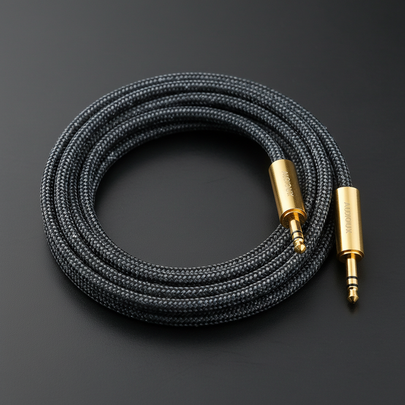 Close-up of Voltix 3.5mm audio cable gold-plated connector and braided texture